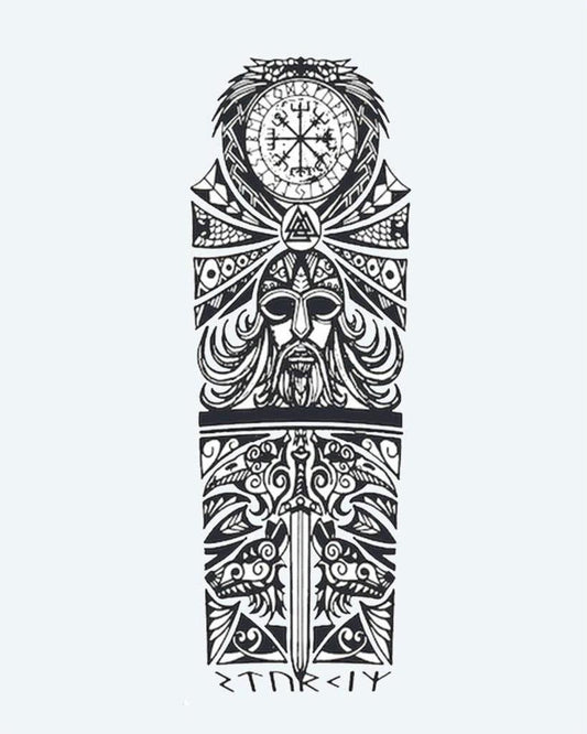Viking Odin & Runes semi-permanent tattoo design by INKON – norse, mythology, full, sleeve, odin illustration, 8 x 20 in (20x50cm), available at inkon.co