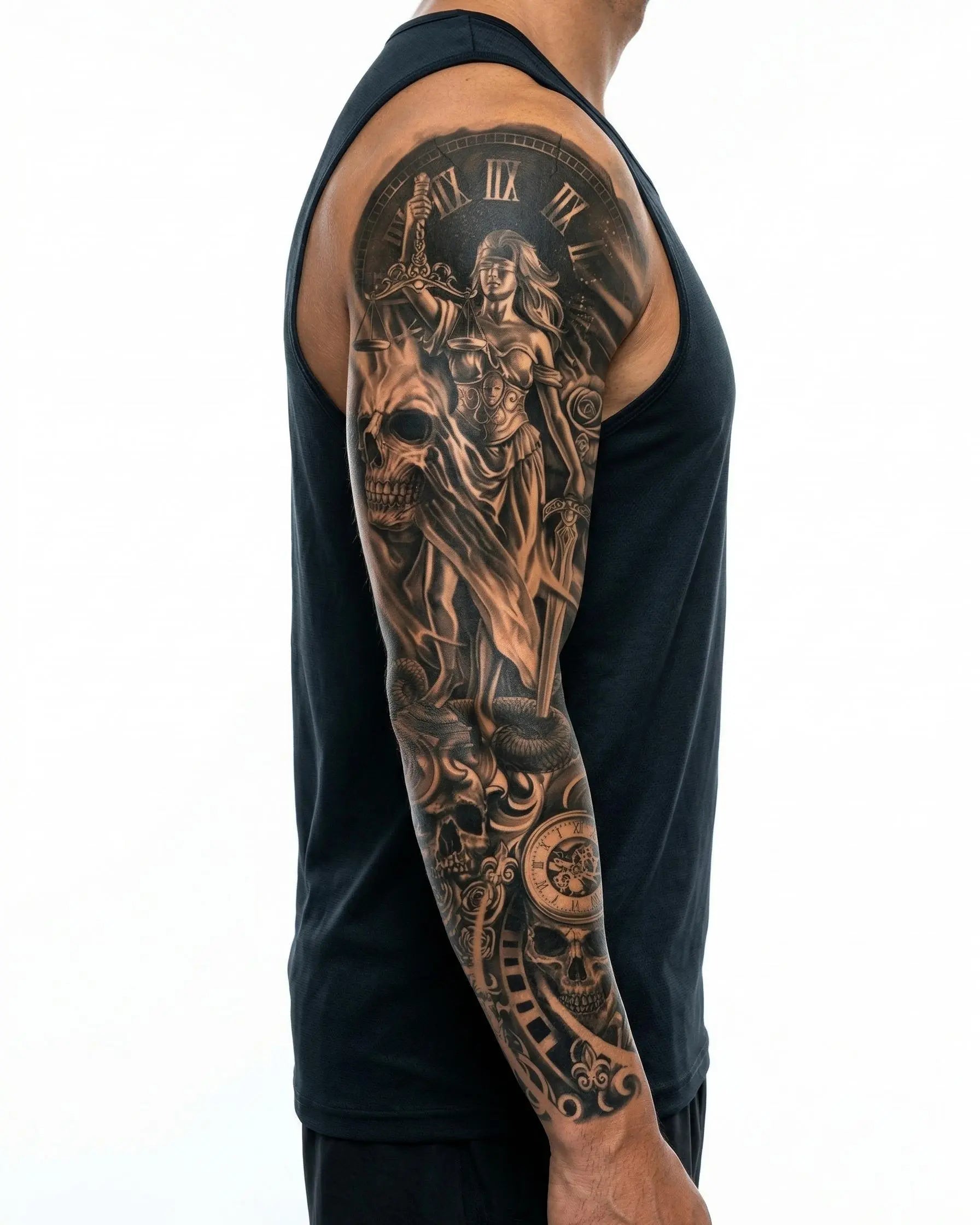 INKON Lady Justice & Skulls semi-permanent tattoo applied on a man – 8 x 20 in (20x50cm) design, realistic ink look, lasts 10 days