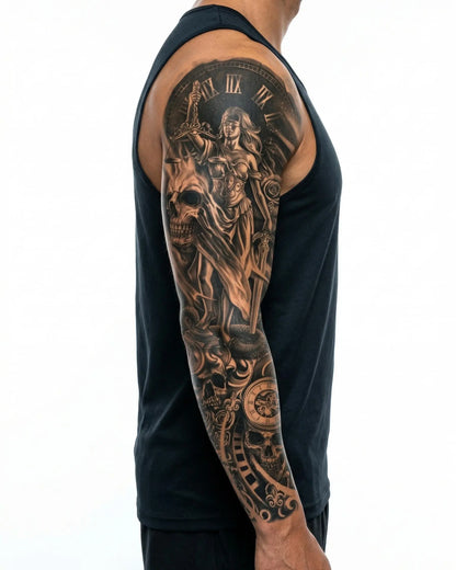 INKON Lady Justice & Skulls semi-permanent tattoo applied on a man – 8 x 20 in (20x50cm) design, realistic ink look, lasts 10 days
