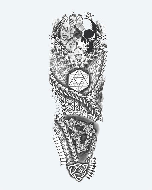 Geometric Skull & Sacred Geometry semi-permanent tattoo design by INKON – full, sleeve, combining, skull, sacred illustration, 8 x 20 in (20x50cm), available at inkon.co