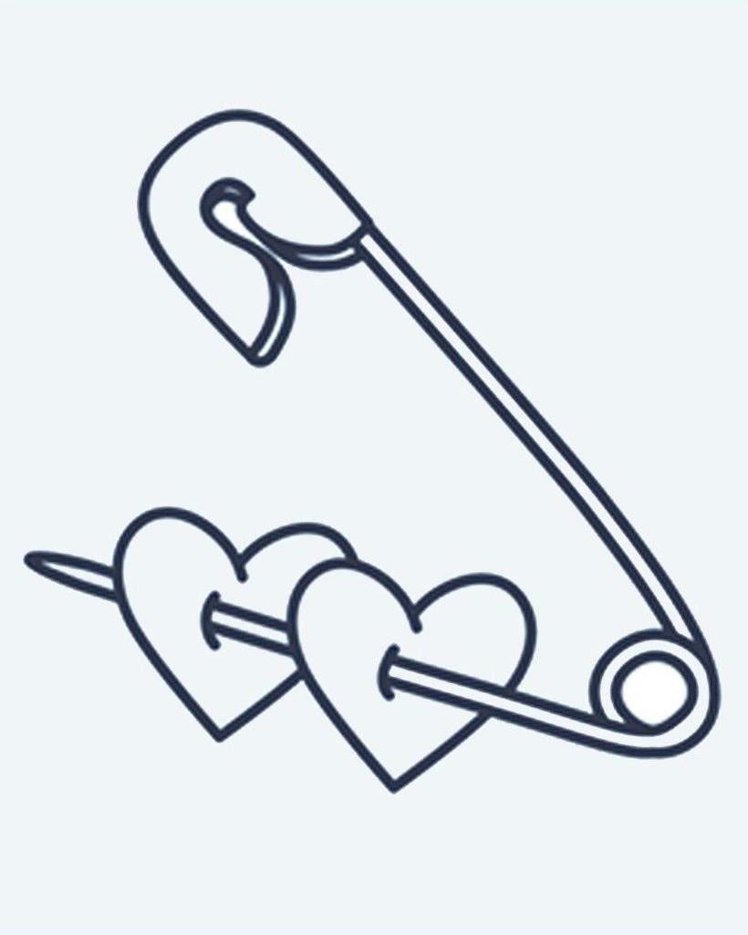 Safety Pin & Hearts semi-permanent tattoo design by INKON – cute, safety, piercing, through, hearts illustration, 2 x 2 in (5x5cm), available at inkon.co