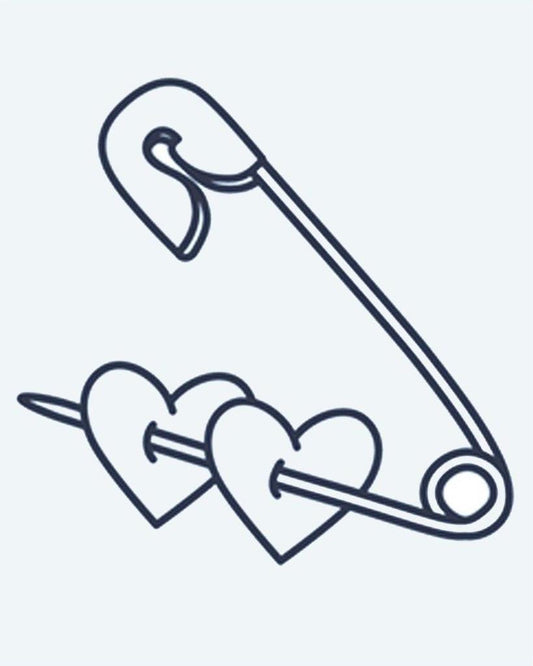 Safety Pin & Hearts semi-permanent tattoo design by INKON – cute, safety, piercing, through, hearts illustration, 2 x 2 in (5x5cm), available at inkon.co