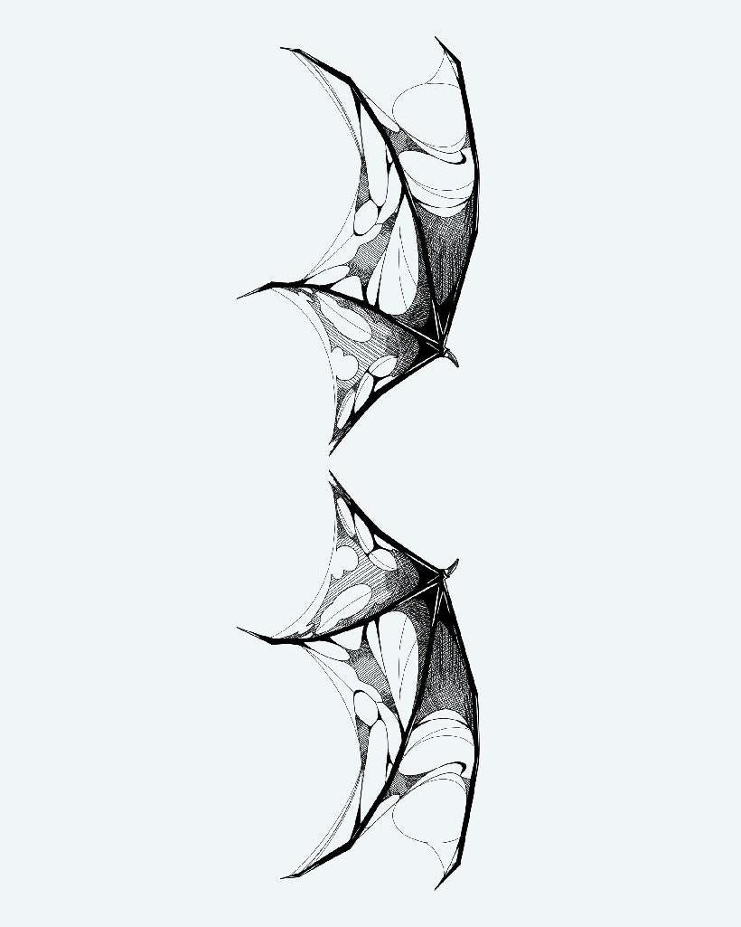 Tattered Demon Wings semi-permanent tattoo design by INKON – illustrative, blackwork, shading, defines, pair illustration, 4 x 8 in (11x21cm), available at inkon.co