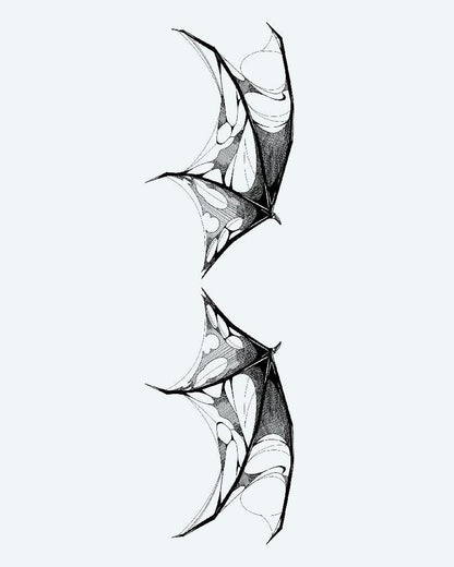 Tattered Demon Wings semi-permanent tattoo design by INKON – illustrative, blackwork, shading, defines, pair illustration, 4 x 8 in (11x21cm), available at inkon.co