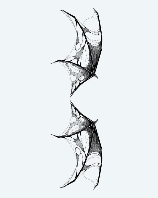 Tattered Demon Wings semi-permanent tattoo design by INKON – illustrative, blackwork, shading, defines, pair illustration, 4 x 8 in (11x21cm), available at inkon.co