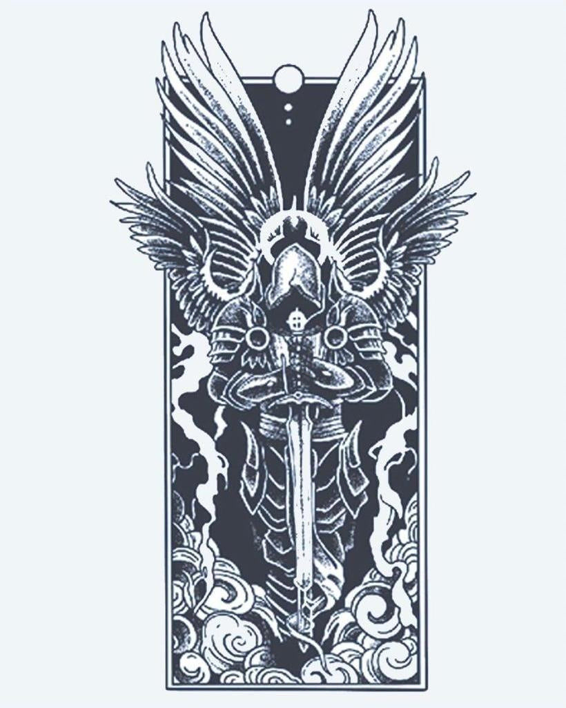 Dark Archangel semi-permanent tattoo design by INKON – armored, archangel, spread, wings, holding illustration, 4 x 7 in (10x17cm), available at inkon.co