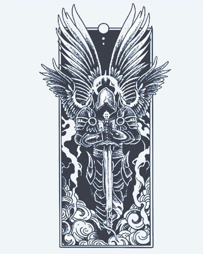 Dark Archangel semi-permanent tattoo design by INKON – armored, archangel, spread, wings, holding illustration, 4 x 7 in (10x17cm), available at inkon.co