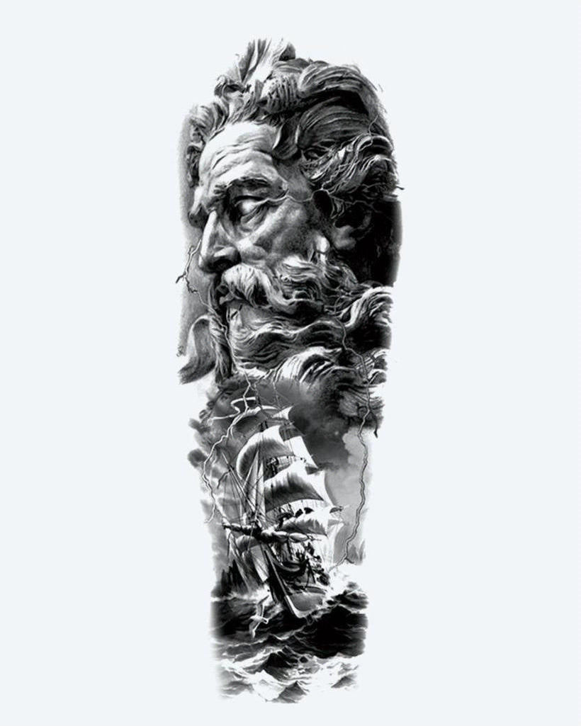 Poseidon & Storm Ship semi-permanent tattoo design by INKON – epic, full, sleeve, poseidon, face illustration, 8 x 20 in (20x50cm), available at inkon.co
