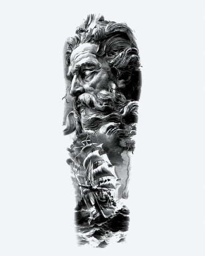 Poseidon & Storm Ship semi-permanent tattoo design by INKON – epic, full, sleeve, poseidon, face illustration, 8 x 20 in (20x50cm), available at inkon.co