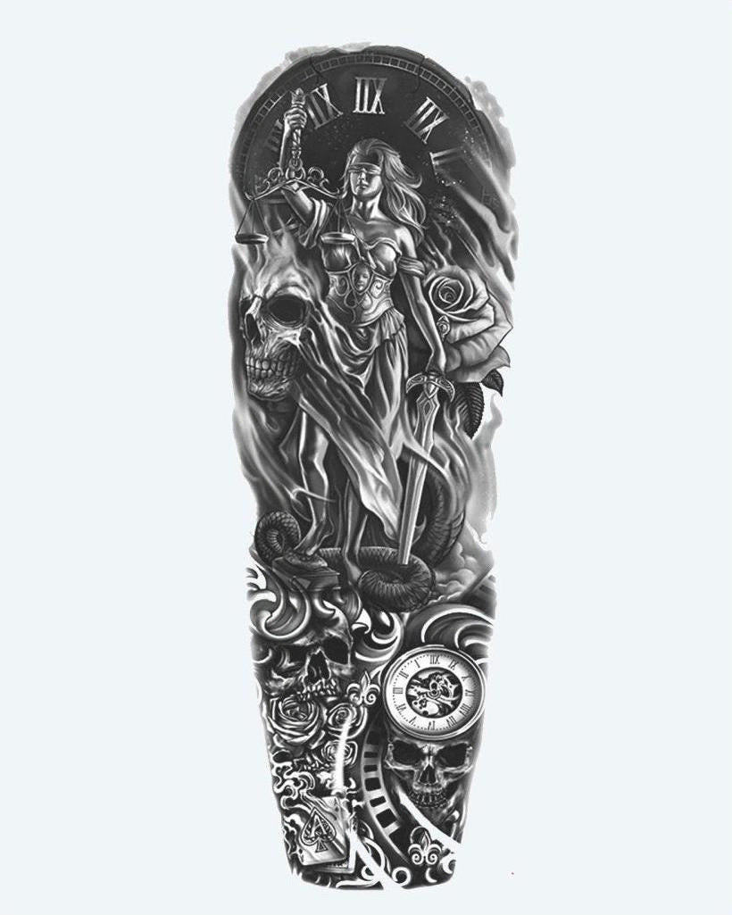 Lady Justice & Skulls semi-permanent tattoo design by INKON – dramatic, full, sleeve, lady, justice illustration, 8 x 20 in (20x50cm), available at inkon.co