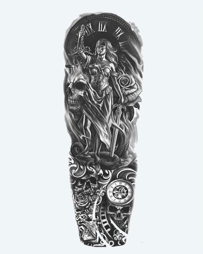 Lady Justice & Skulls semi-permanent tattoo design by INKON – dramatic, full, sleeve, lady, justice illustration, 8 x 20 in (20x50cm), available at inkon.co