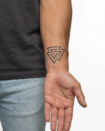INKON Valknut Triangles semi-permanent tattoo applied on a man – 2 x 2 in (5x5cm) design, realistic ink look, lasts 10 days