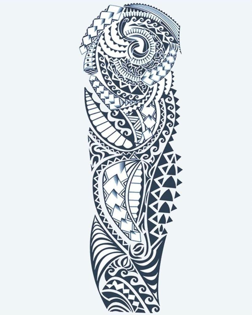 Polynesian Tribal semi-permanent tattoo design by INKON – polynesian, tribal, full, sleeve, maori illustration, 8 x 20 in (20x50cm), available at inkon.co