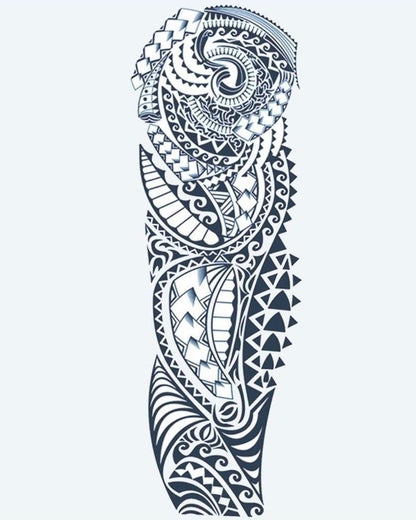 Polynesian Tribal semi-permanent tattoo design by INKON – polynesian, tribal, full, sleeve, maori illustration, 8 x 20 in (20x50cm), available at inkon.co
