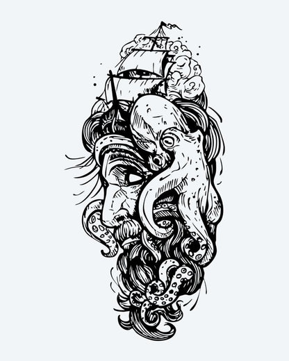 Kraken & Ship semi-permanent tattoo design by INKON – epic, kraken, octopus, attacking, sailing illustration, 4 x 8 in (11x21cm), available at inkon.co