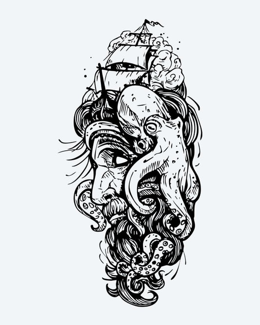 Kraken & Ship semi-permanent tattoo design by INKON – epic, kraken, octopus, attacking, sailing illustration, 4 x 8 in (11x21cm), available at inkon.co