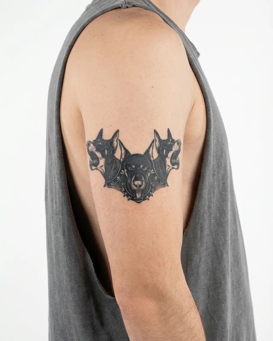 INKON Cerberus Triple Doberman semi-permanent tattoo applied on a man – 4 x 4 in (9x9cm) design, realistic ink look, lasts 10 days