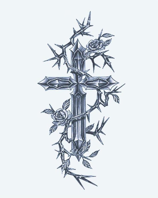 Cross with Roses & Thorns semi-permanent tattoo design by INKON – ornate, gothic, cross, entwined, thorny illustration, 4 x 7 in (10x17cm), available at inkon.co