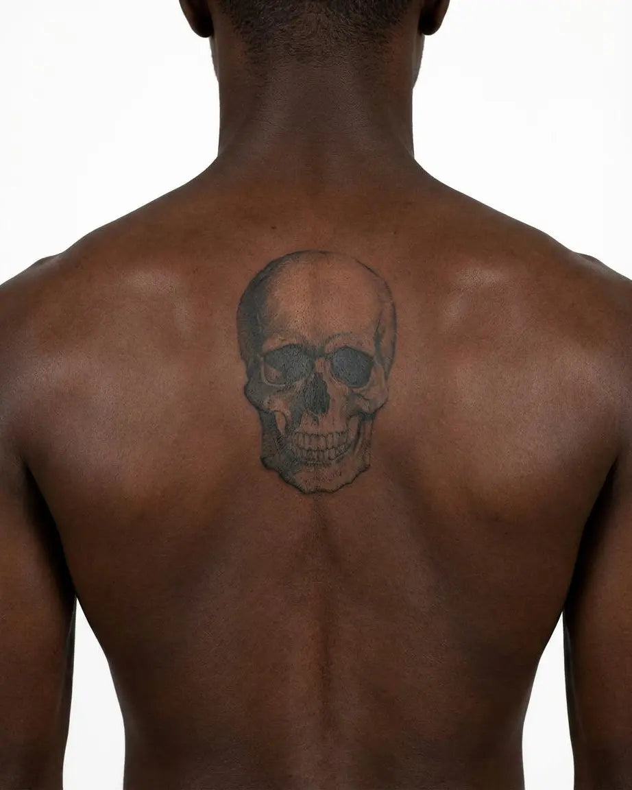 INKON Realistic Skull semi-permanent tattoo applied on a man – 4 x 7 in (10x17cm) design, realistic ink look, lasts 10 days