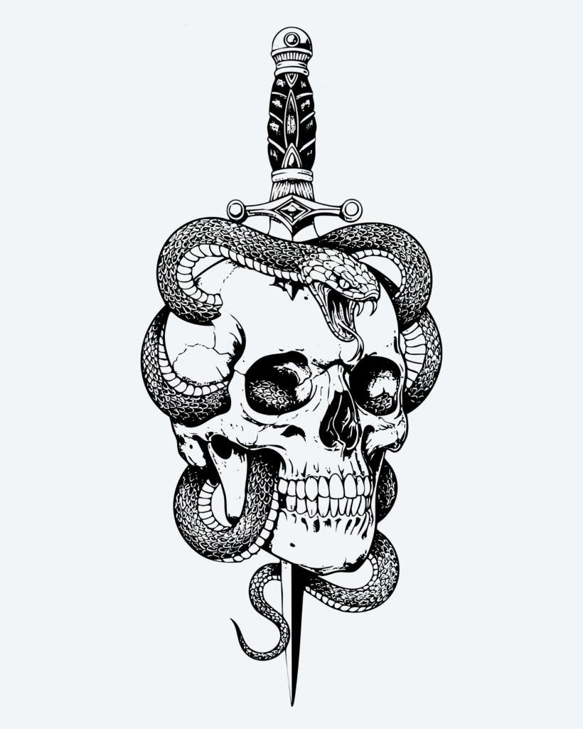 Skull, Snake & Dagger semi-permanent tattoo design by INKON – skull, pierced, ornate, dagger, snake illustration, 4 x 8 in (11x21cm), available at inkon.co