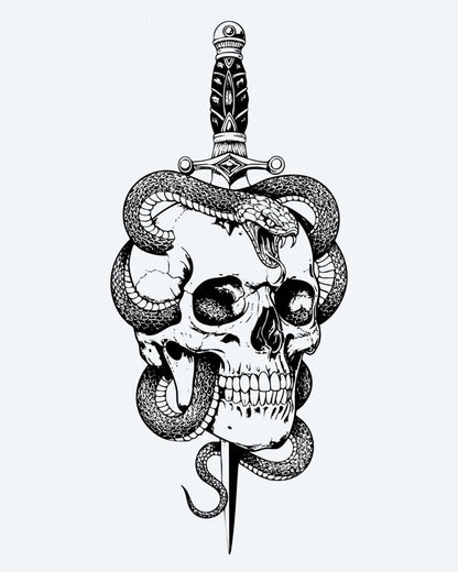 Skull, Snake & Dagger semi-permanent tattoo design by INKON – skull, pierced, ornate, dagger, snake illustration, 4 x 8 in (11x21cm), available at inkon.co