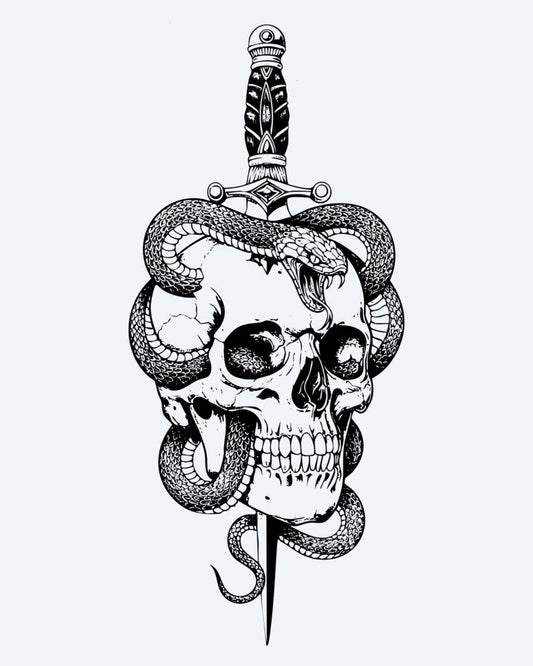 Skull, Snake & Dagger semi-permanent tattoo design by INKON – skull, pierced, ornate, dagger, snake illustration, 4 x 8 in (11x21cm), available at inkon.co