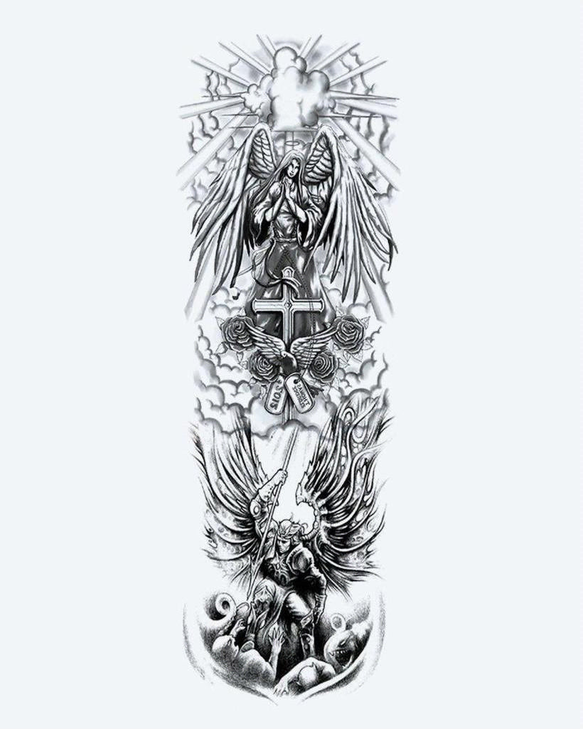 Angels & Cross Sleeve semi-permanent tattoo design by INKON – majestic, full, sleeve, guardian, angels illustration, 8 x 20 in (20x50cm), available at inkon.co