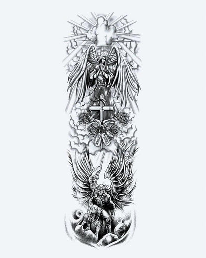 Angels & Cross Sleeve semi-permanent tattoo design by INKON – majestic, full, sleeve, guardian, angels illustration, 8 x 20 in (20x50cm), available at inkon.co