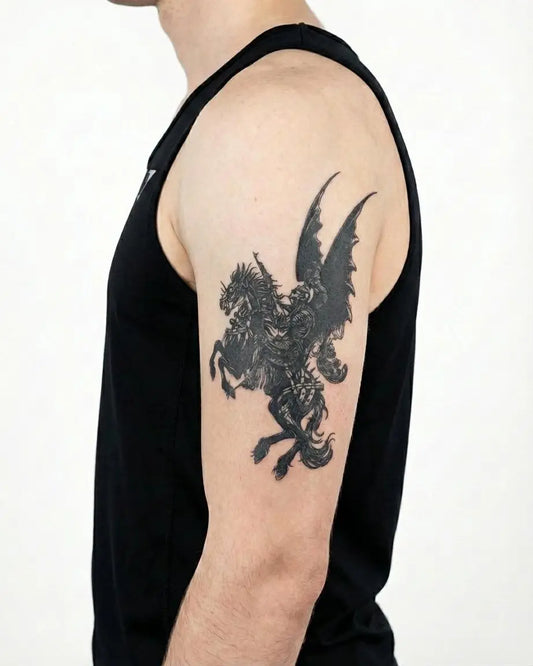 INKON Dragon Rider semi-permanent tattoo applied on a man – 4 x 8 in (11x21cm) design, realistic ink look, lasts 10 days