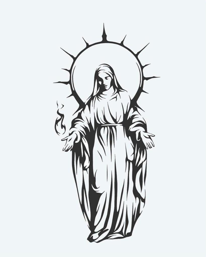 Virgin Mary with Halo semi-permanent tattoo design by INKON – graceful, depiction, virgin, mary, radiant illustration, 4 x 7 in (10x17cm), available at inkon.co