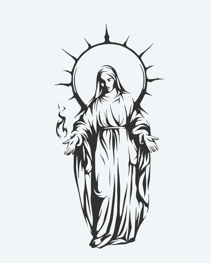 Virgin Mary with Halo semi-permanent tattoo design by INKON – graceful, depiction, virgin, mary, radiant illustration, 4 x 7 in (10x17cm), available at inkon.co