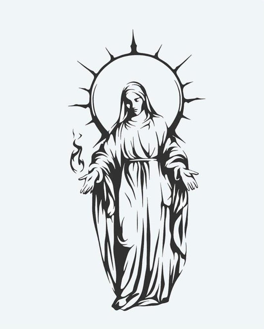 Virgin Mary with Halo semi-permanent tattoo design by INKON – graceful, depiction, virgin, mary, radiant illustration, 4 x 7 in (10x17cm), available at inkon.co