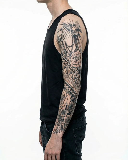 INKON Praying Hands, Dove & Roses semi-permanent tattoo applied on a man – 8 x 20 in (20x50cm) design, realistic ink look, lasts 10 days