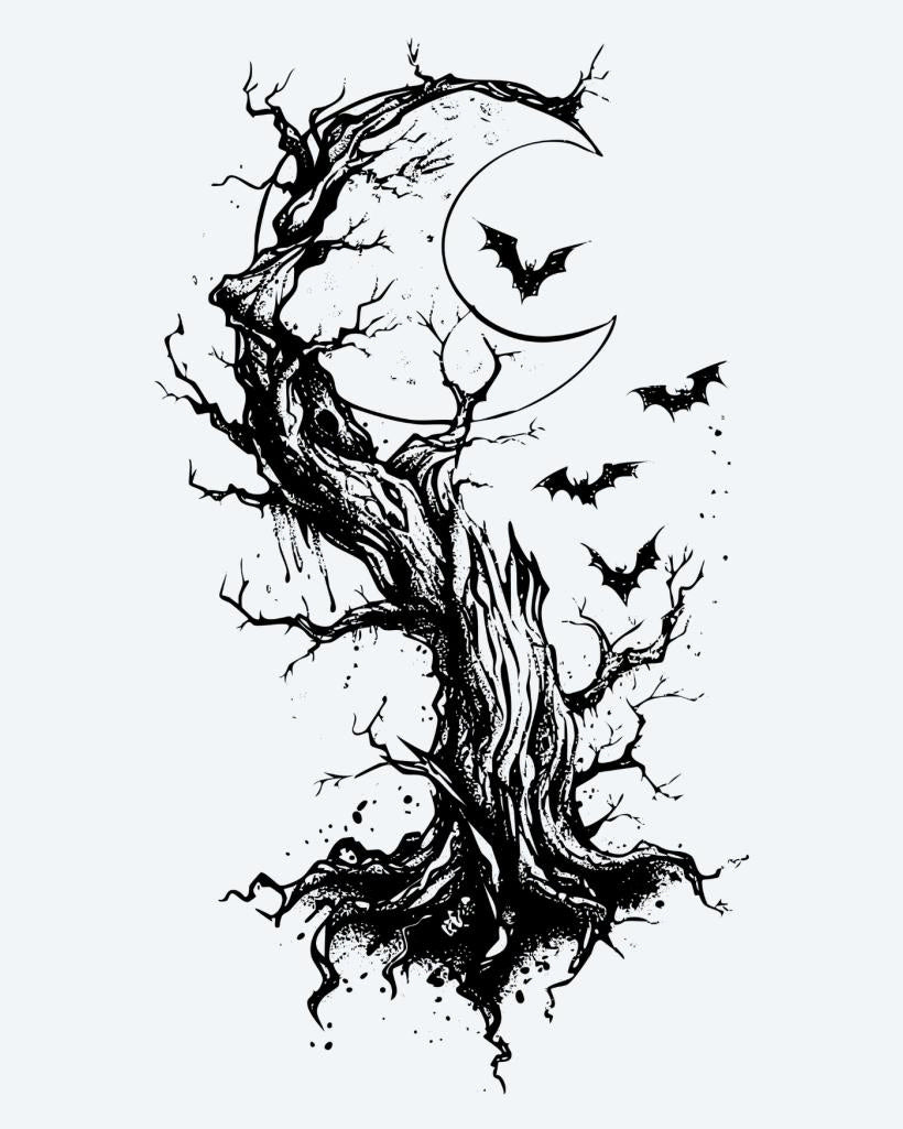 Dead Tree, Moon & Bats semi-permanent tattoo design by INKON – spooky, twisted, dead, tree, silhouette illustration, 4 x 7 in (10x17cm), available at inkon.co