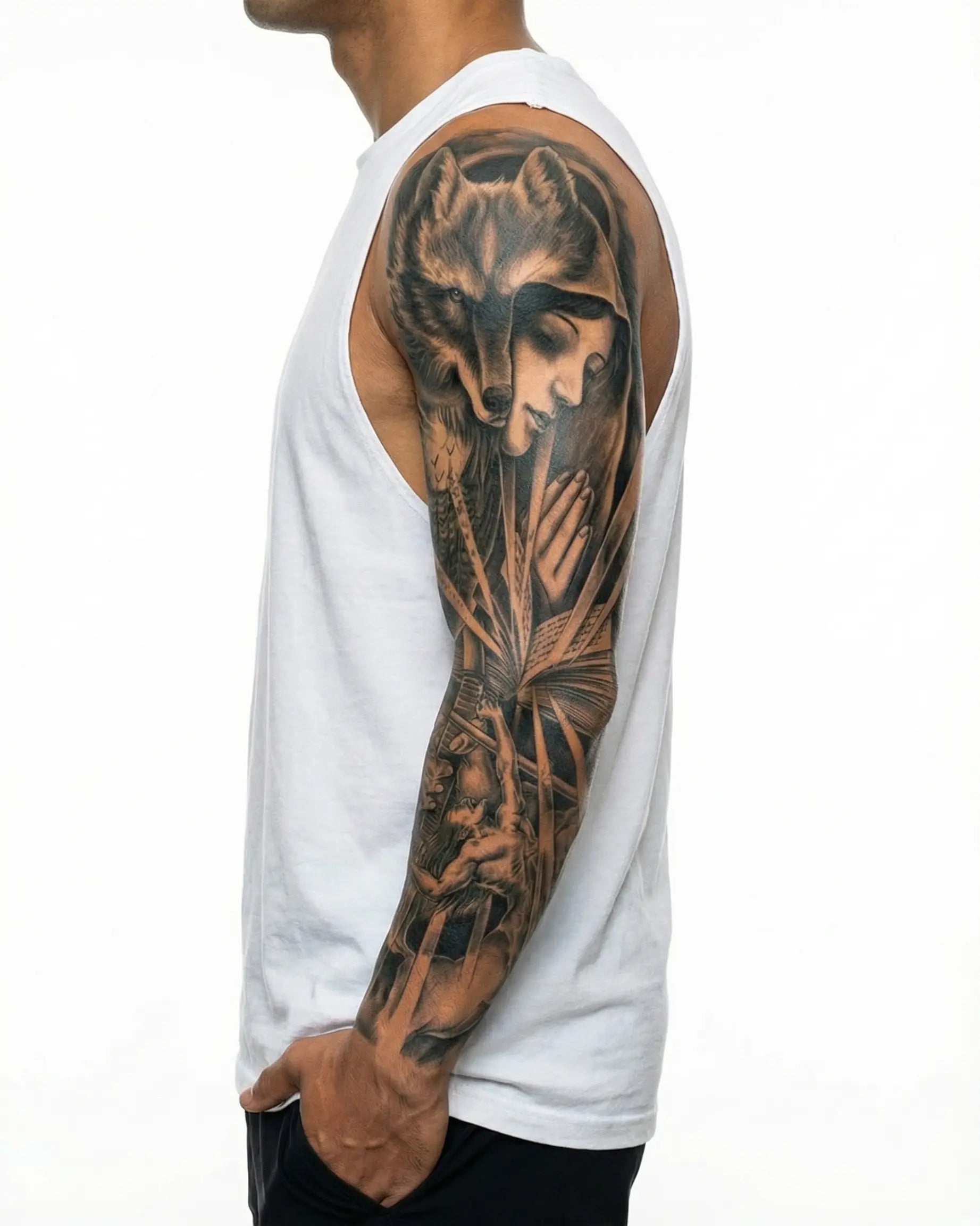 INKON Wolf Girl & Warrior semi-permanent tattoo applied on a man – 8 x 20 in (20x50cm) design, realistic ink look, lasts 10 days