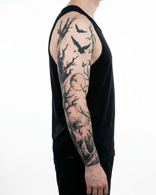 INKON Dark Forest & Ravens semi-permanent tattoo applied on a man – 8 x 20 in (20x50cm) design, realistic ink look, lasts 10 days