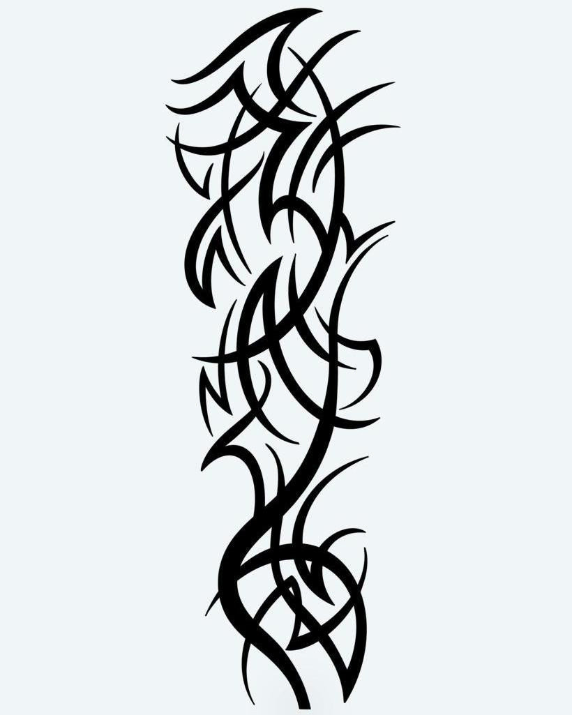 Tribal Thorns semi-permanent tattoo design by INKON – tribal, intertwined, thorny, vines, sharp illustration, 8 x 20 in (20x50cm), available at inkon.co