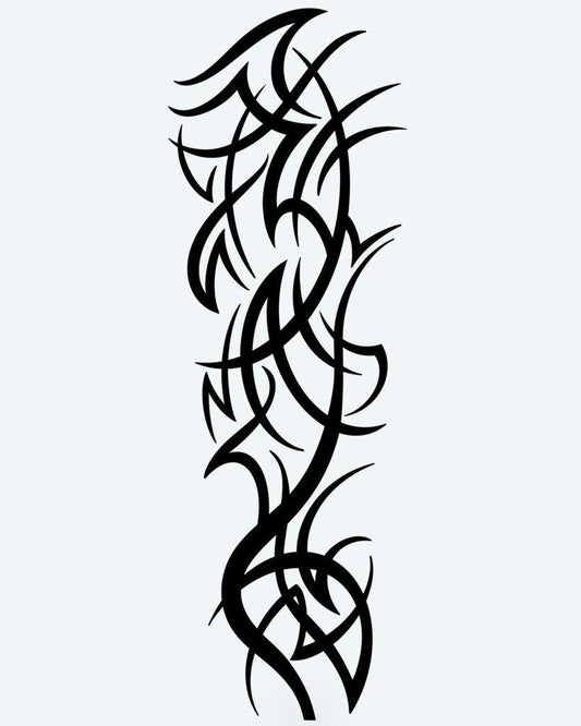 Tribal Thorns semi-permanent tattoo design by INKON – tribal, intertwined, thorny, vines, sharp illustration, 8 x 20 in (20x50cm), available at inkon.co
