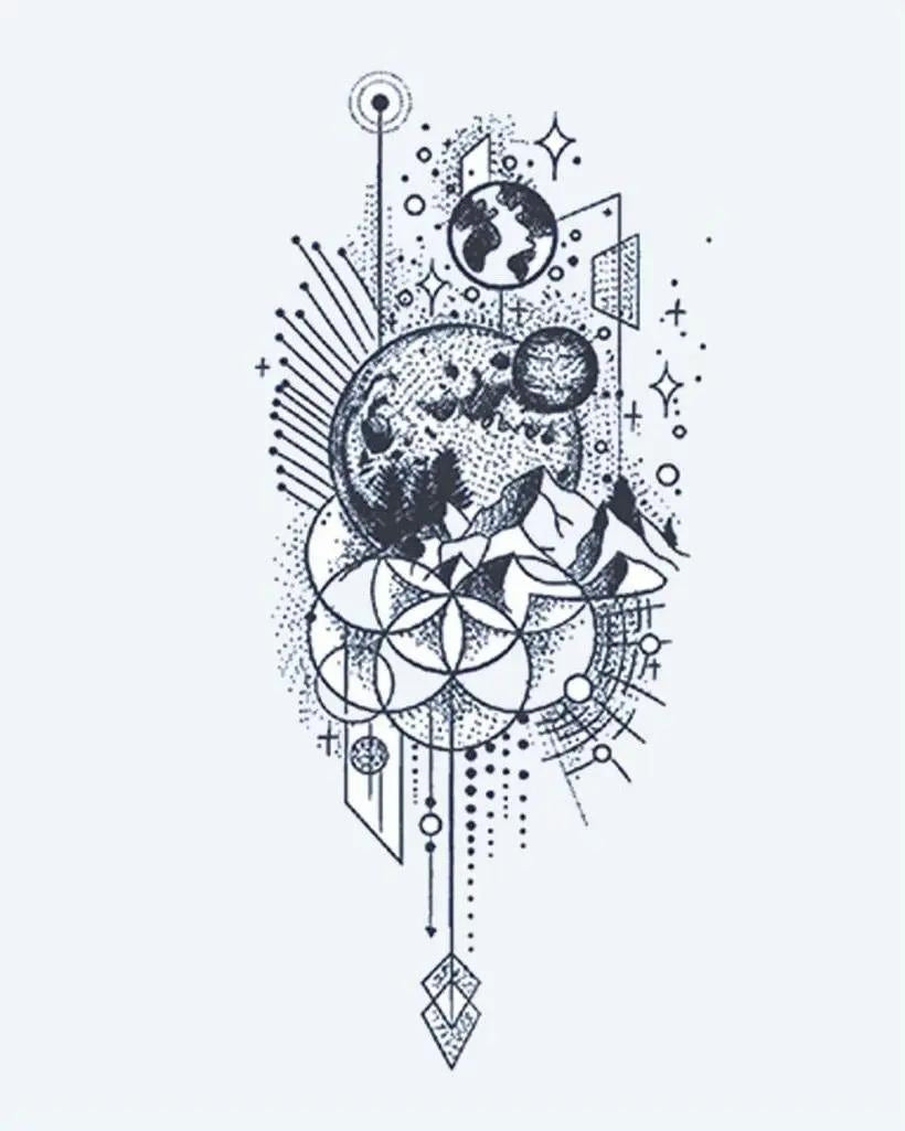 Cosmic Moon & Geometry semi-permanent tattoo design by INKON – celestial, moon, mountains, earth, sacred illustration, 4 x 7 in (10x17cm), available at inkon.co