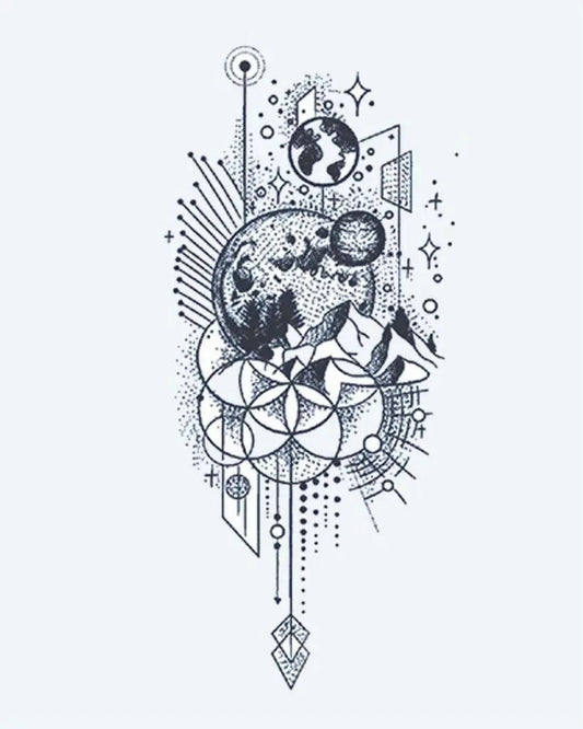 Cosmic Moon & Geometry semi-permanent tattoo design by INKON – celestial, moon, mountains, earth, sacred illustration, 4 x 7 in (10x17cm), available at inkon.co