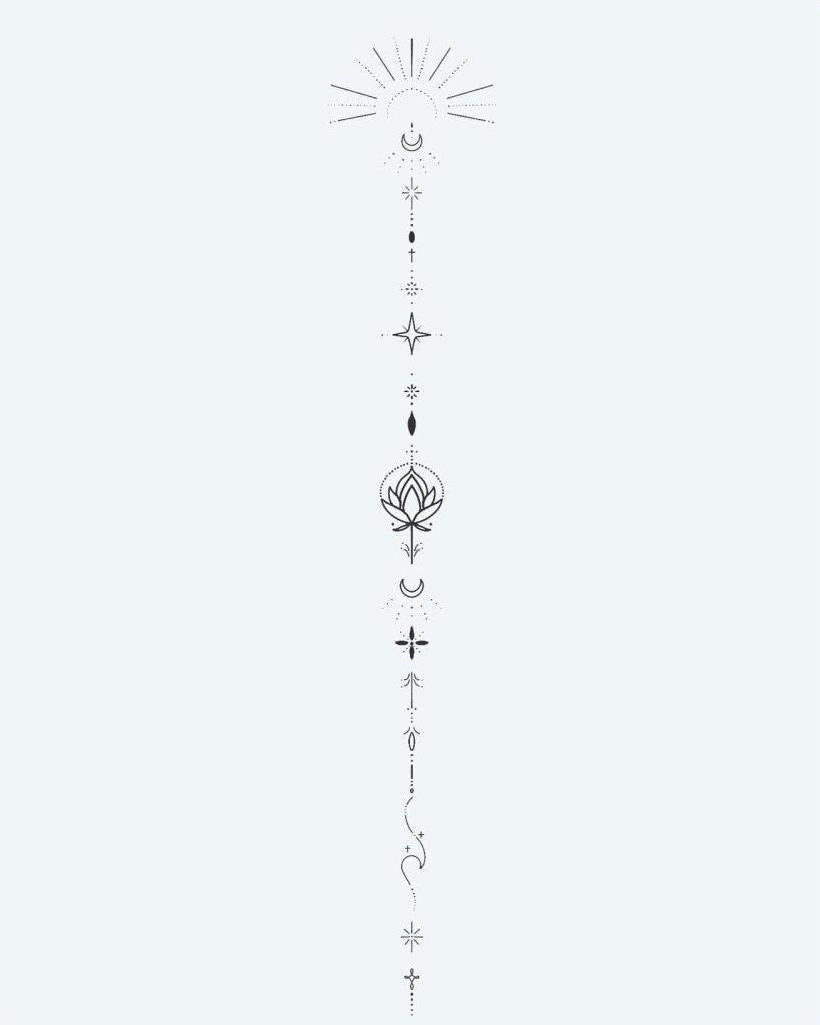 Celestial Lotus Totem semi-permanent tattoo design by INKON – vertical, fine, line, ornament, moon illustration, 4 x 7 in (10x17cm), available at inkon.co