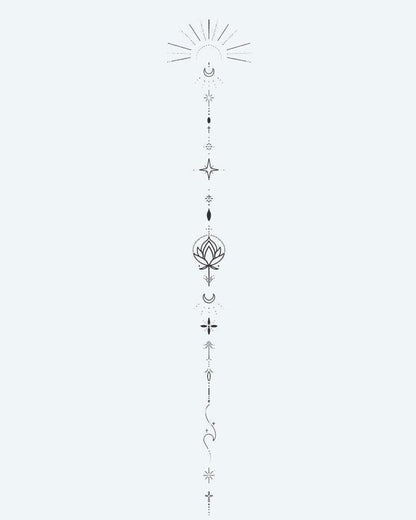 Celestial Lotus Totem semi-permanent tattoo design by INKON – vertical, fine, line, ornament, moon illustration, 4 x 7 in (10x17cm), available at inkon.co