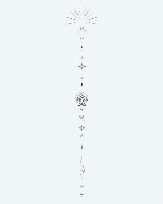 Celestial Lotus Totem semi-permanent tattoo design by INKON – vertical, fine, line, ornament, moon illustration, 4 x 7 in (10x17cm), available at inkon.co