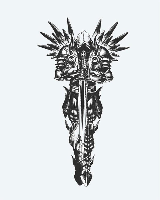 Armored Knight & Sword semi-permanent tattoo design by INKON – epic, armored, knight, holding, sword illustration, 4 x 8 in (11x21cm), available at inkon.co