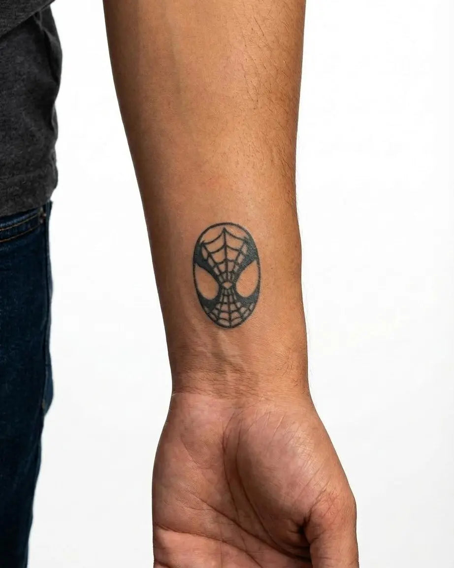 INKON Web Hero Mask semi-permanent tattoo applied on a man – 2 x 2 in (5x5cm) design, realistic ink look, lasts 10 days