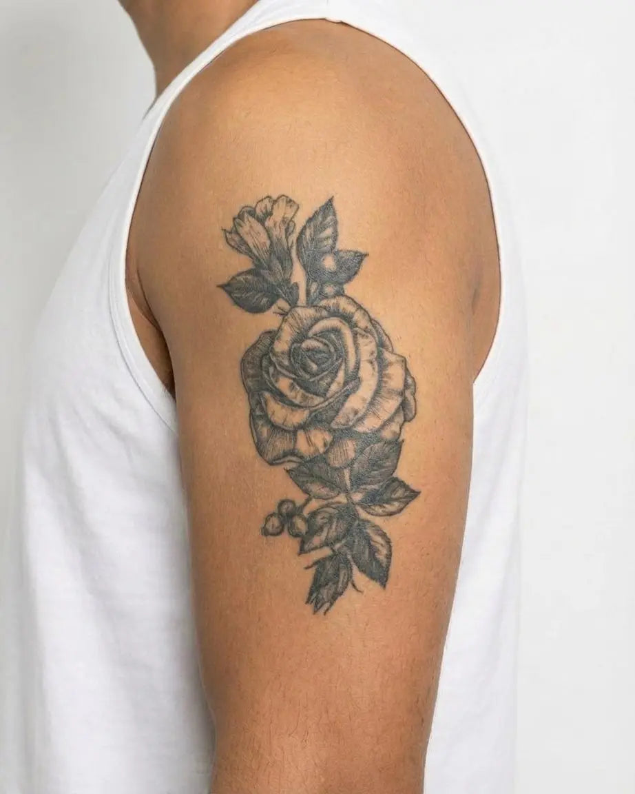 INKON Rose Bouquet semi-permanent tattoo applied on a man – 4 x 7 in (10x17cm) design, realistic ink look, lasts 10 days
