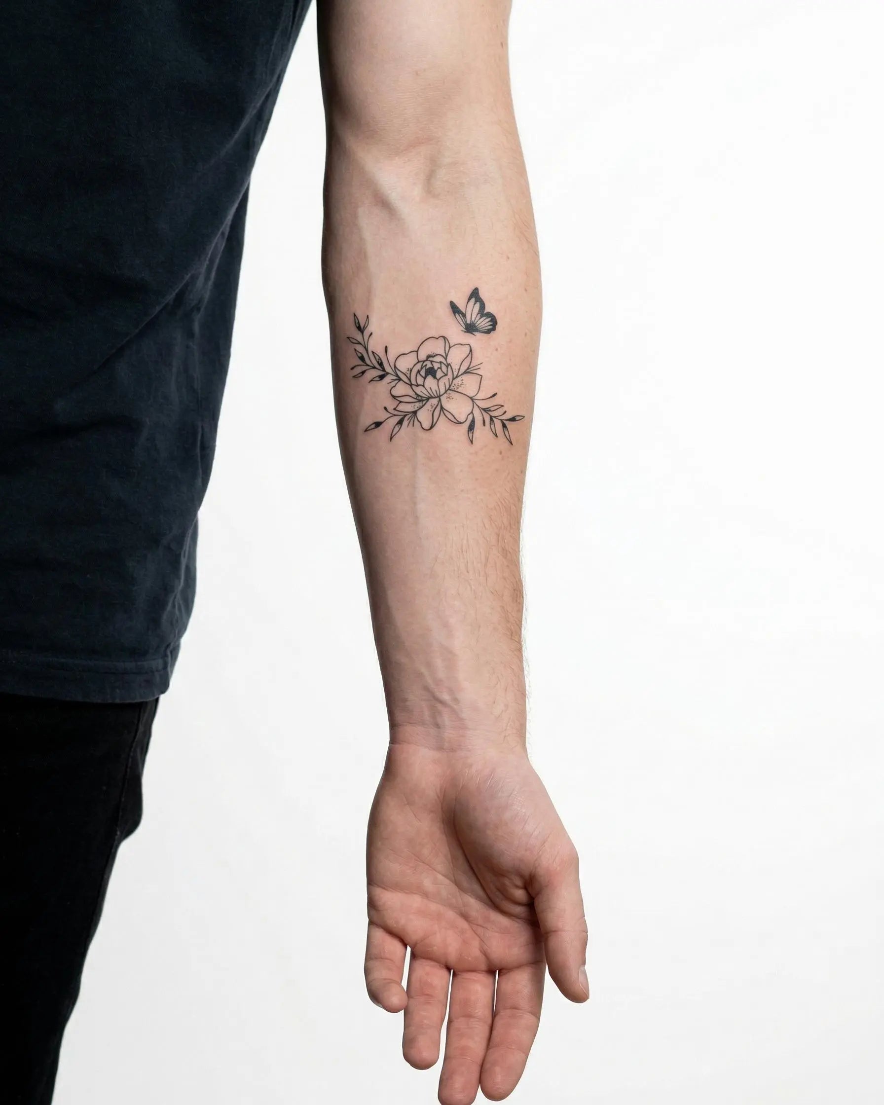 INKON Peony & Butterfly semi-permanent tattoo applied on a man – 3 x 4 in (6x11cm) design, realistic ink look, lasts 10 days