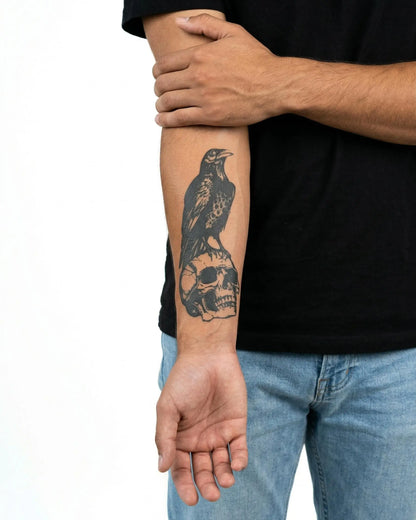 INKON Raven on Skull semi-permanent tattoo applied on a man – 4 x 7 in (10x17cm) design, realistic ink look, lasts 10 days
