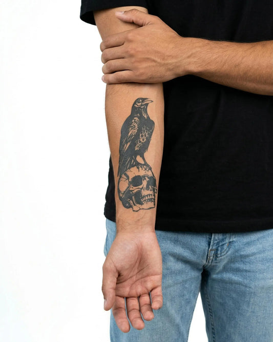 INKON Raven on Skull semi-permanent tattoo applied on a man – 4 x 7 in (10x17cm) design, realistic ink look, lasts 10 days