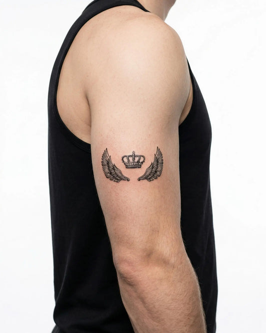 INKON Winged Crown semi-permanent tattoo applied on a man – 3 x 4 in (6x11cm) design, realistic ink look, lasts 10 days